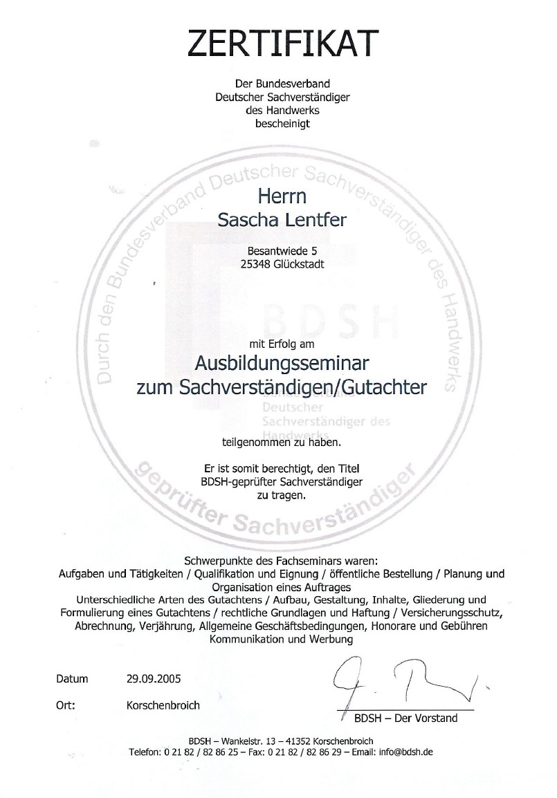 Zertifikat geprüfter Sachverständiger Gutachter Lentfer