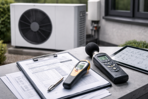 Gutachter prüft Wärmepumpe mit Messgeräten zur Bewertung von Schall, Temperatur und Betrieb