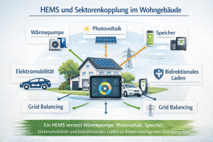HEMS Sektorenkopplung im Wohngebäude mit Wärmepumpe, Photovoltaik, Speicher, Elektromobilität, bidirektionalem Laden und Grid Balancing