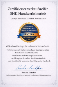 Zertifizierter verkaufsreifer SHK Handwerksbetrieb geprüft durch Lentfer Betriebs Audit technisches Verkaufsreife Zertifikat für Unternehmensverkauf im Handwerk