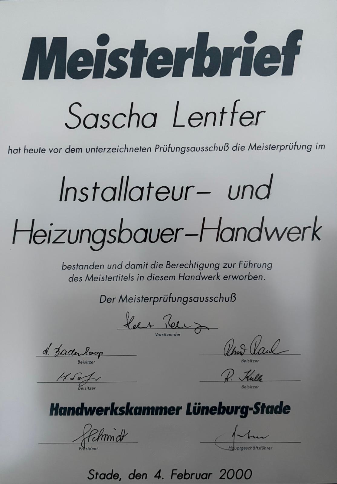 Meisterbrief von Sascha Lentfer, Installateur- und Heizungsbaumeister, Handwerkskammer Lüneburg Stade, Jahr 2000