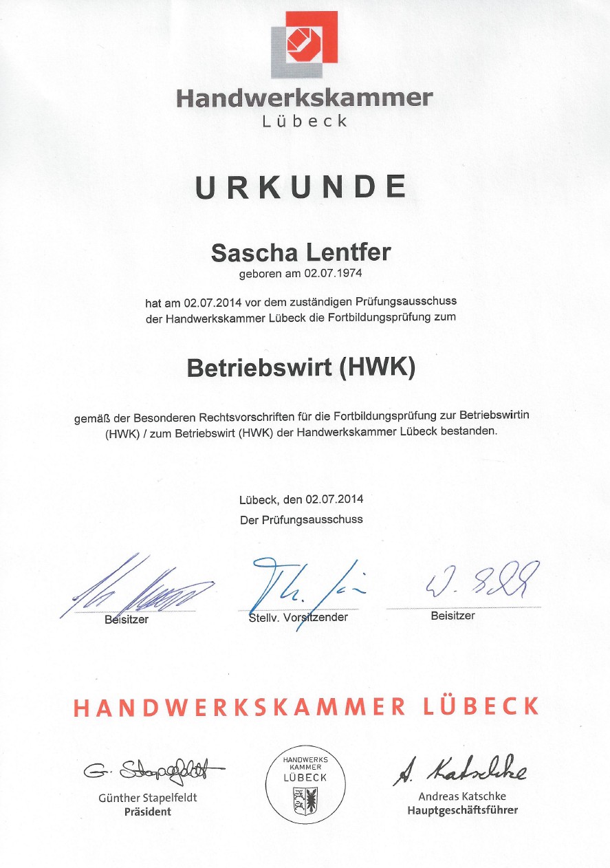 Urkunde Betriebswirt HWK Sascha Lentfer Handwerkskammer Lübeck 2014