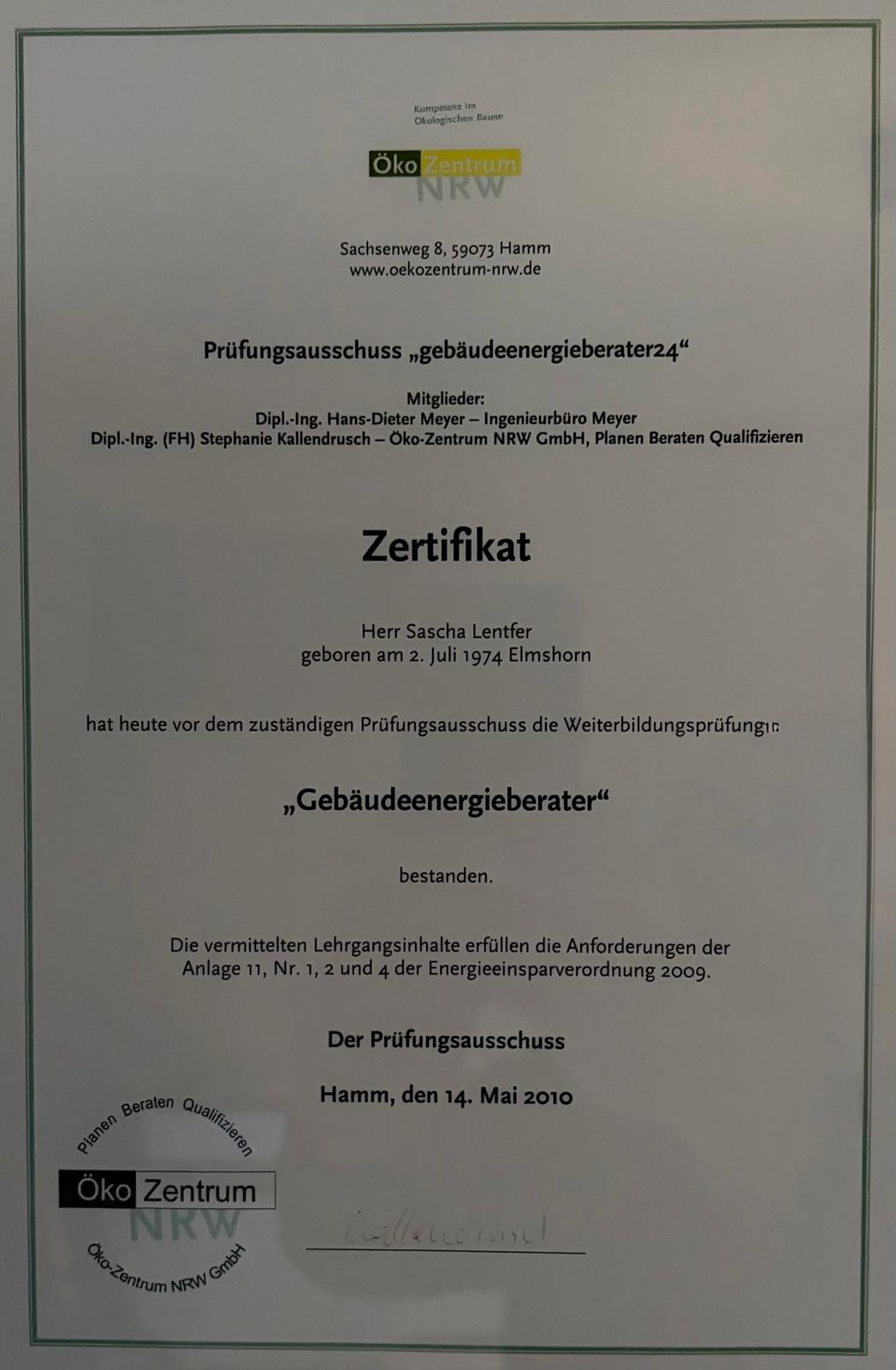 Zertifikat Gebäudeenergieberater Sascha Lentfer Öko Zentrum NRW 2010