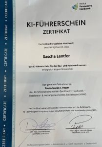 Gutachter 4.0 - KI Führerschein IHK Zertifikat für Sascha Lentfer im Handwerk aus dem Jahr 2025