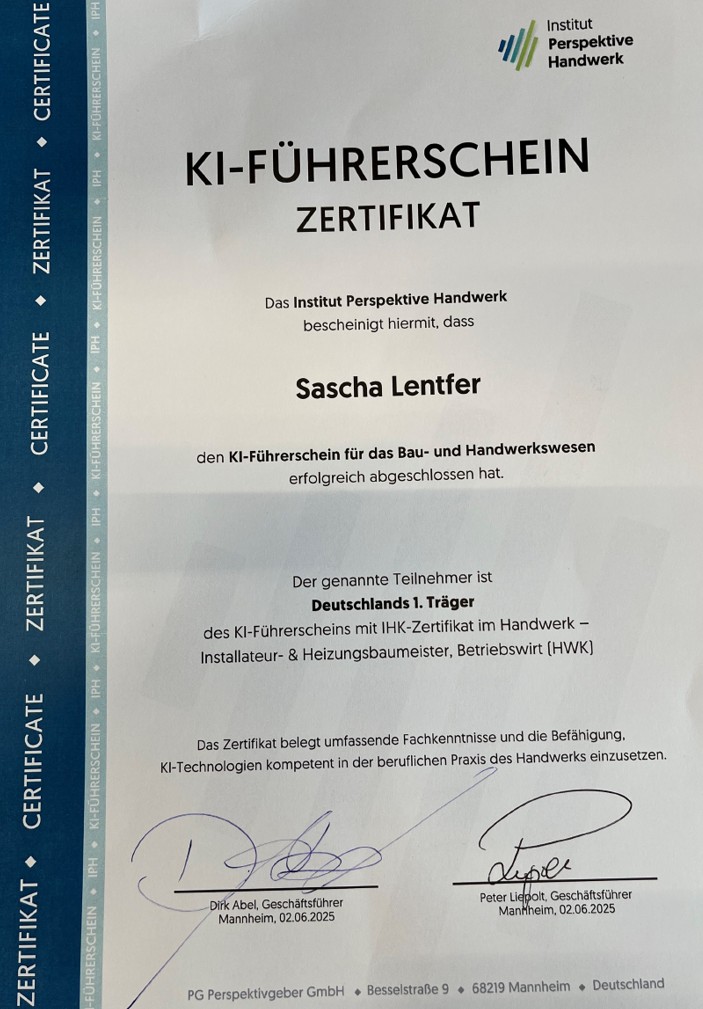 KI Führerschein IHK Zertifikat für Sascha Lentfer im Bau und Handwerkswesen aus dem Jahr 2025