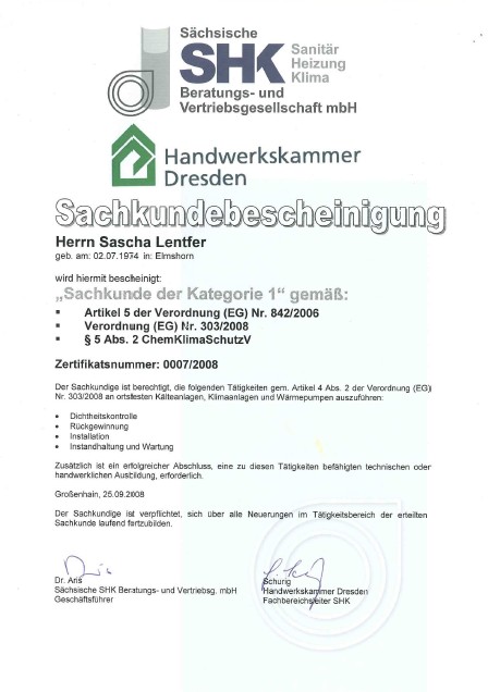 Sachkundebescheinigung Kategorie 1 nach ChemKlimaschutzV für Kälte Klima und Wärmepumpentechnik – Sascha Lentfer Sachverständiger