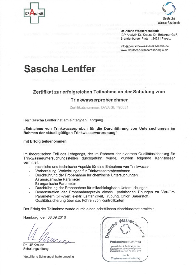 Zertifikat Trinkwasserprobennehmer Sascha Lentfer nach Trinkwasserverordnung Deutsche Wasserakademie 2016