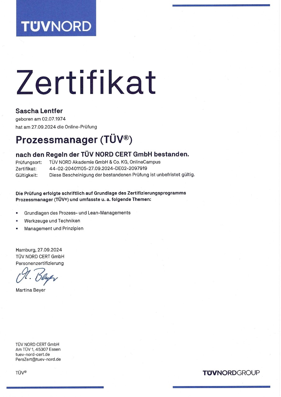 TÜV NORD Zertifikat für Sascha Lentfer als Prozessmanager TÜV, ausgestellt am 27.09.2024