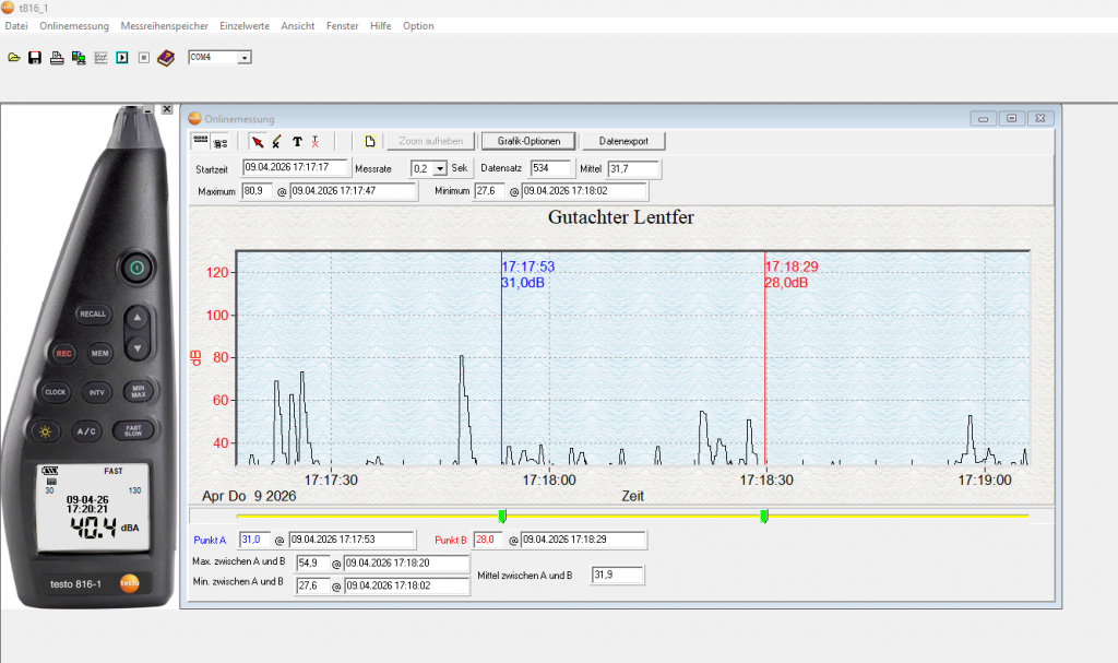 Screenshot einer Schallmessung an einer Wärmepumpe mit Testo 816 zur technischen Bewertung von Geräuschen und TA Lärm Einordnung
