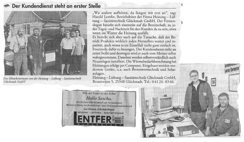 Historie Harald Lentfer Heizung Sanitär Glückstadt Historische Zeitungsausschnitte des früheren Heizungs und Sanitärbetriebs von Harald Lentfer in Glückstadt