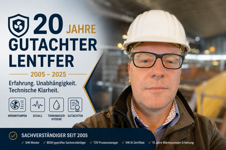 20 Jahre Gutachter Lentfer seit 2005 Sachverständiger für Wärmepumpen Heizung Schall und Trinkwasserhygiene
